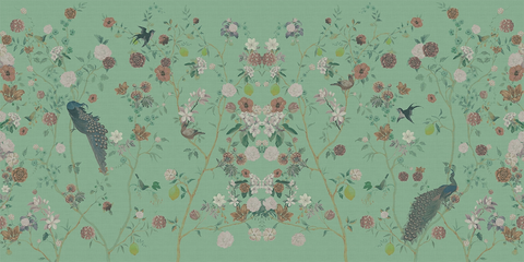 Floral chinoiserie wallpaper, with birds, flowers and peacocks.