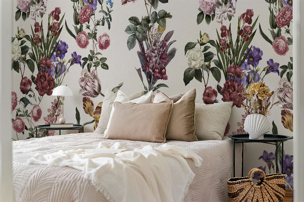 Floral wallpaper with roses, orchids, and varied botanicals in a pattern. 