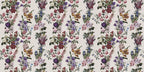 A repeating vintage floral wallpaper pattern featuring botanical illustrations of roses, lavender, and other wildflowers in muted pink, purple, green, and yellow tones on a light beige background.