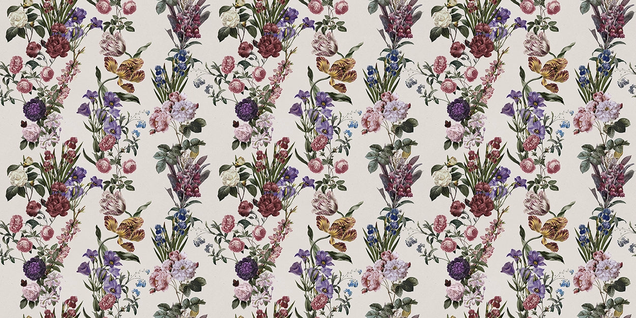 A repeating vintage floral wallpaper pattern featuring botanical illustrations of roses, lavender, and other wildflowers in muted pink, purple, green, and yellow tones on a light beige background.