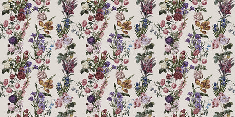 A repeating vintage floral wallpaper pattern featuring botanical illustrations of roses, lavender, and other wildflowers in muted pink, purple, green, and yellow tones on a light beige background.