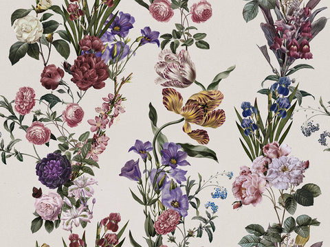 Botanical floral wallpaper pattern featuring vintage-style illustrations of roses, tulips, lilies, and other flowers in pink, purple, yellow, blue, and white on a warm off-white background.
