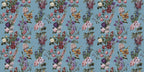 A repeating floral wallpaper pattern on a dusty blue background, featuring bouquets of pink, purple, red, white, and yellow flowers with green leaves.