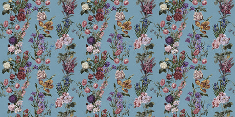 A repeating floral wallpaper pattern on a dusty blue background, featuring bouquets of pink, purple, red, white, and yellow flowers with green leaves.