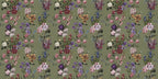 A repeating floral pattern wallpaper or fabric design featuring clusters of pink, purple, white, and blue flowers with green leaves on a muted olive green background.