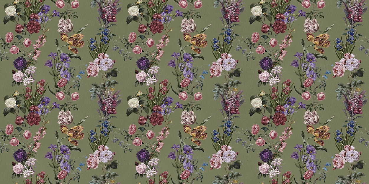 A repeating floral pattern wallpaper or fabric design featuring clusters of pink, purple, white, and blue flowers with green leaves on a muted olive green background.