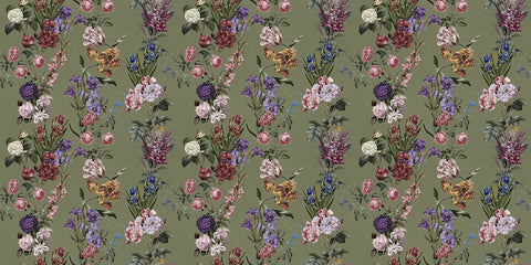 A repeating floral pattern wallpaper or fabric design featuring clusters of pink, purple, white, and blue flowers with green leaves on a muted olive green background.