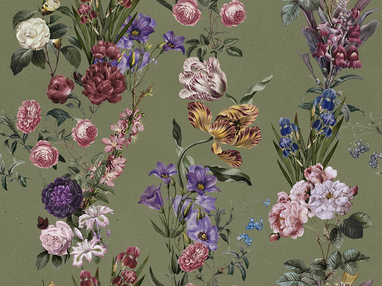 A botanical floral wallpaper pattern featuring pink, purple, white, and yellow flowers with green leaves on a muted olive green background.