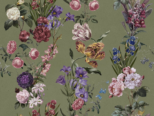 A botanical floral wallpaper pattern featuring pink, purple, white, and yellow flowers with green leaves on a muted olive green background.