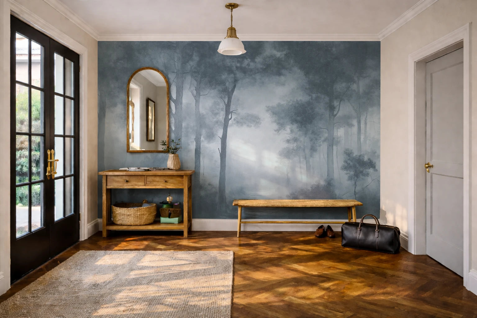 A styled entryway featuring a large wallpaper mural of a misty forest, a wooden console table with an arched mirror, a wooden bench, herringbone hardwood floors, and a black leather duffel bag on the floor.