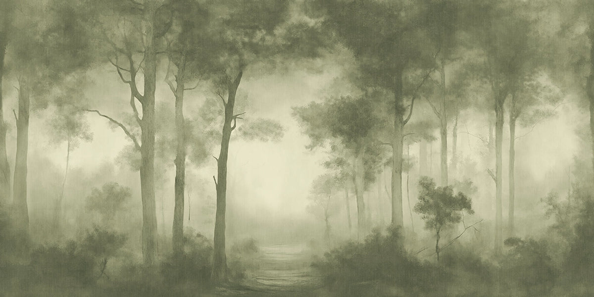 A large wallpaper mural depicting a misty olive-green forest 