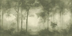 A large wallpaper mural depicting a misty olive-green forest 
