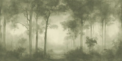 A large wallpaper mural depicting a misty olive-green forest 