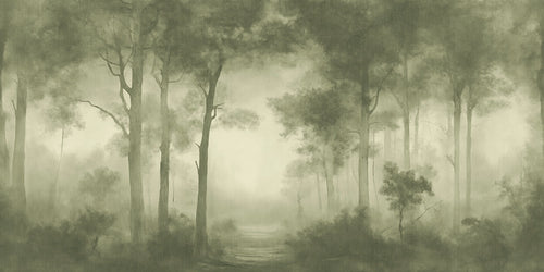 A large wallpaper mural depicting a misty olive-green forest 