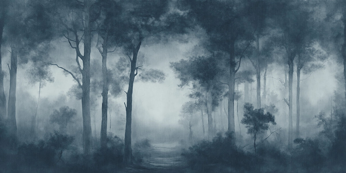 A sepia-toned wallpaper forest scene with tall trees, misty fog, and a faint path leading into the center distance.
