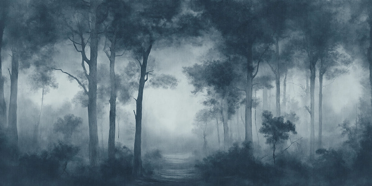 A sepia-toned wallpaper forest scene with tall trees, misty fog, and a faint path leading into the center distance.