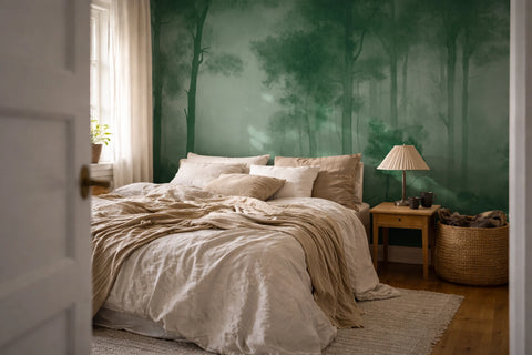 A styled bedroom interior featuring a forest mural wallpaper on the back wall, dressed with beige and cream bedding, a wooden nightstand with a lamp, and a woven basket.