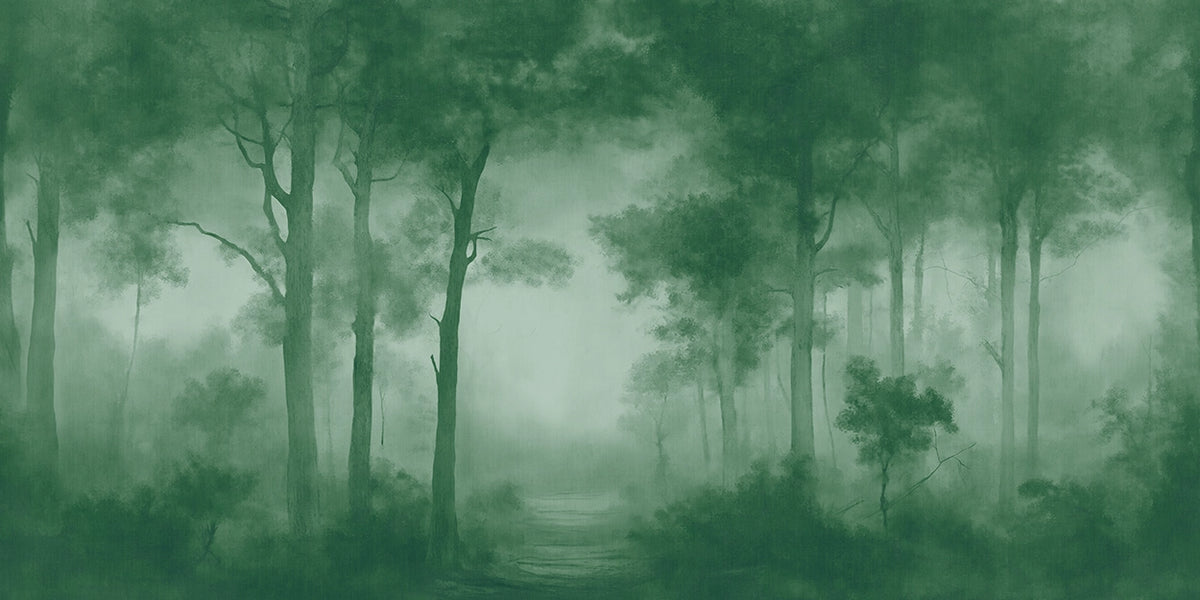 A sepia-toned wallpaper forest scene with tall trees, misty fog, and a faint path leading into the center distance.
