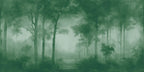 A sepia-toned wallpaper forest scene with tall trees, misty fog, and a faint path leading into the center distance.