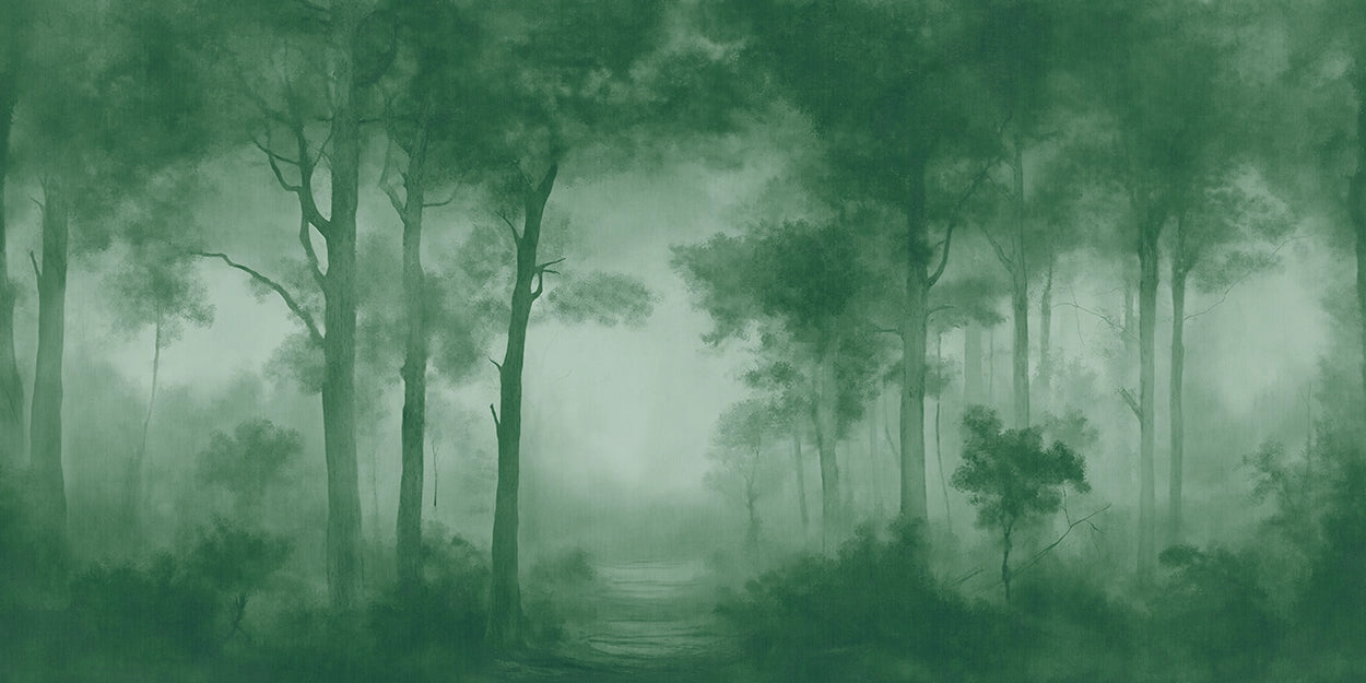 A sepia-toned wallpaper forest scene with tall trees, misty fog, and a faint path leading into the center distance.