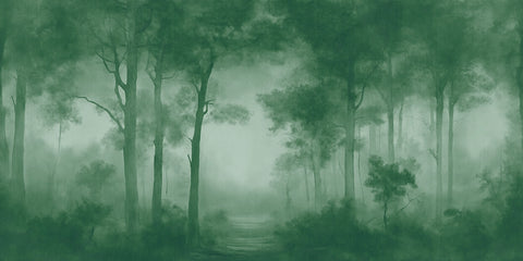 A sepia-toned wallpaper forest scene with tall trees, misty fog, and a faint path leading into the center distance.