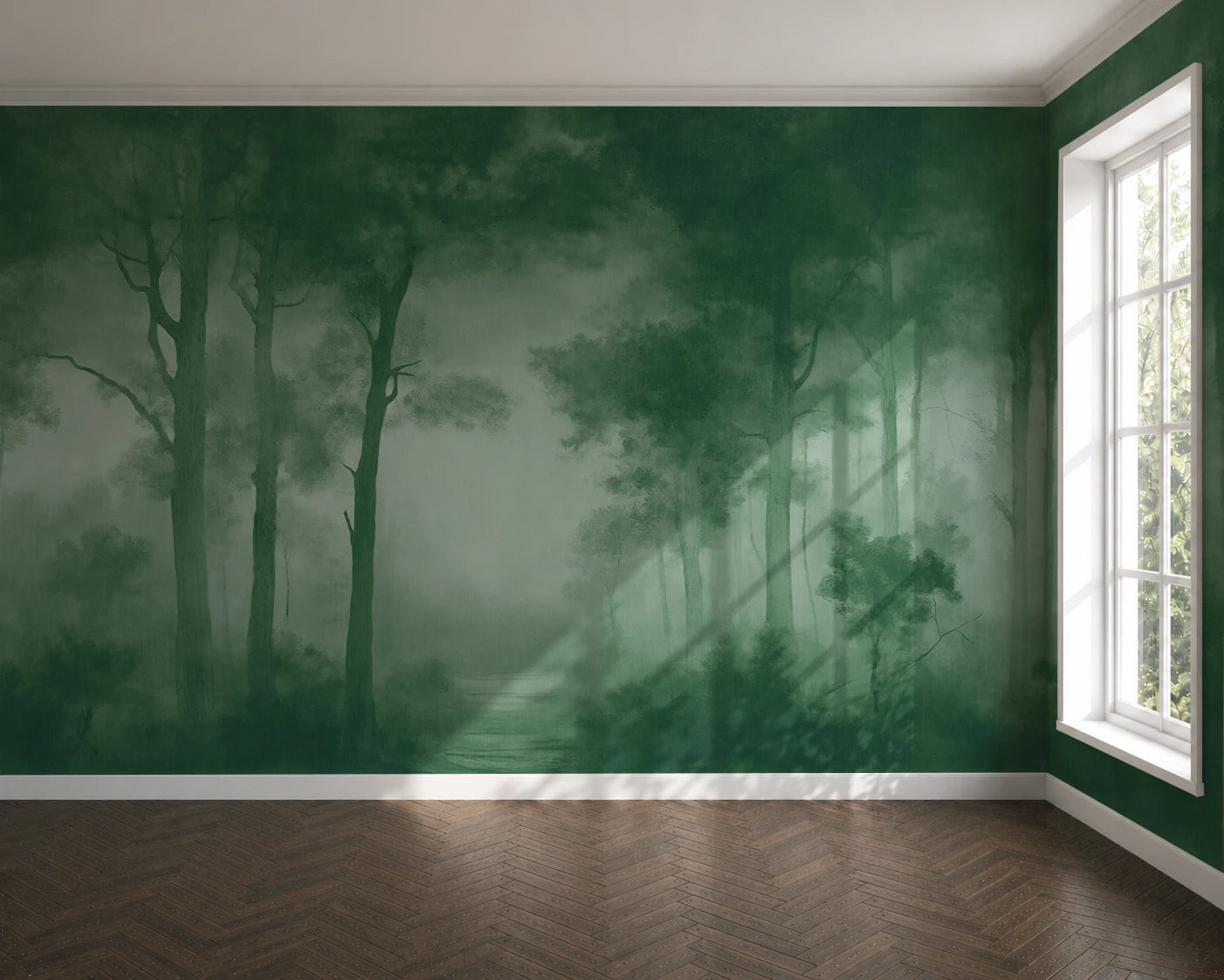 A large wallpaper mural depicting a misty green forest with tall trees and soft light rays, shown on a room's main wall in an empty interior with dark wood herringbone flooring and a white-framed window.