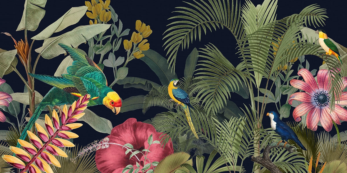 A dense tropical jungle wallpaper illustration with palm leaves, large pink and red flowers, yellow flowers, and several colorful birds including a green-and-yellow parrot, a blue-and-yellow macaw, and a small blue-and-white bird, set against a very dark background.
