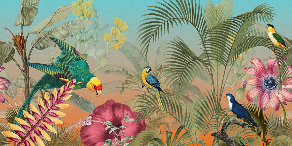 A vibrant tropical jungle scene wallpaper or art print featuring colorful birds, palm leaves, and large pink flowers against a soft blue and orange background.