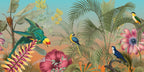 A vibrant tropical jungle scene wallpaper or art print featuring colorful birds, palm leaves, and large pink flowers against a soft blue and orange background.