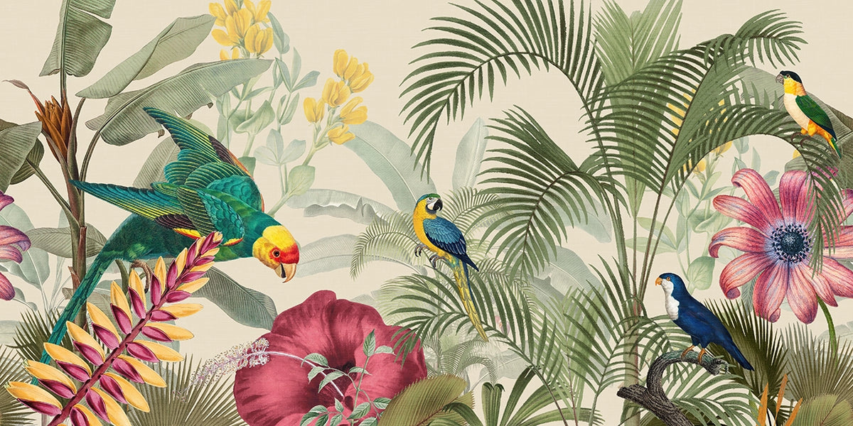 A vintage-style tropical wallpaper pattern featuring colorful parrots, palm leaves, hibiscus flowers, and ferns on a light beige background.