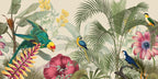 A vintage-style tropical wallpaper pattern featuring colorful parrots, palm leaves, hibiscus flowers, and ferns on a light beige background.