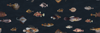 A repeating pattern of various illustrated sea fish and marine animals on a dark navy background, including rays, pufferfish, tangs, and striped fish.