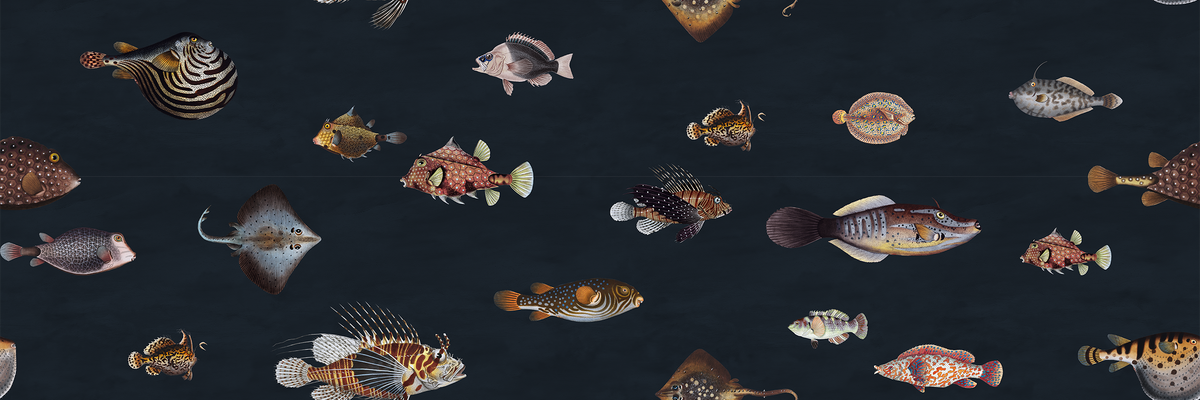 A repeating pattern of various illustrated sea fish and marine animals on a dark navy background, including rays, pufferfish, tangs, and striped fish.