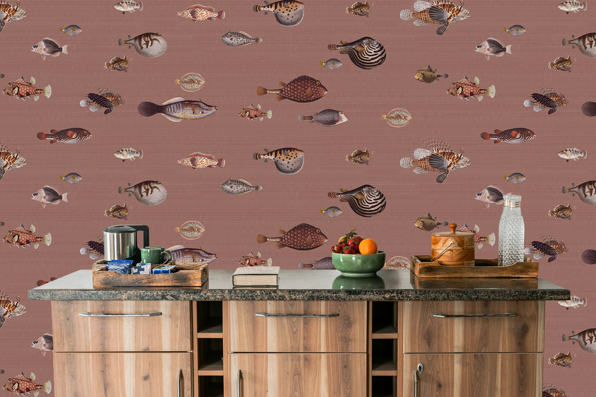 Modern lounge counter with bar equipment, with a large marine life wallpaper with vintage fish illustrations. 