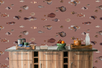 Modern lounge counter with bar equipment, with a large marine life wallpaper with vintage fish illustrations. 