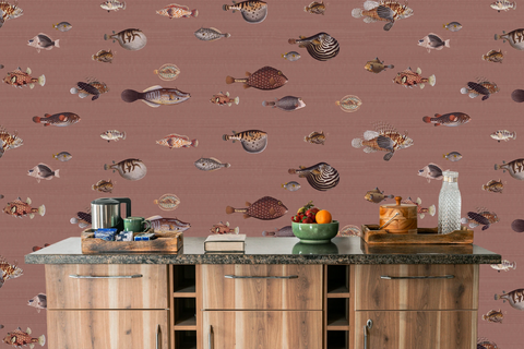 Modern lounge counter with bar equipment, with a large marine life wallpaper with vintage fish illustrations. 
