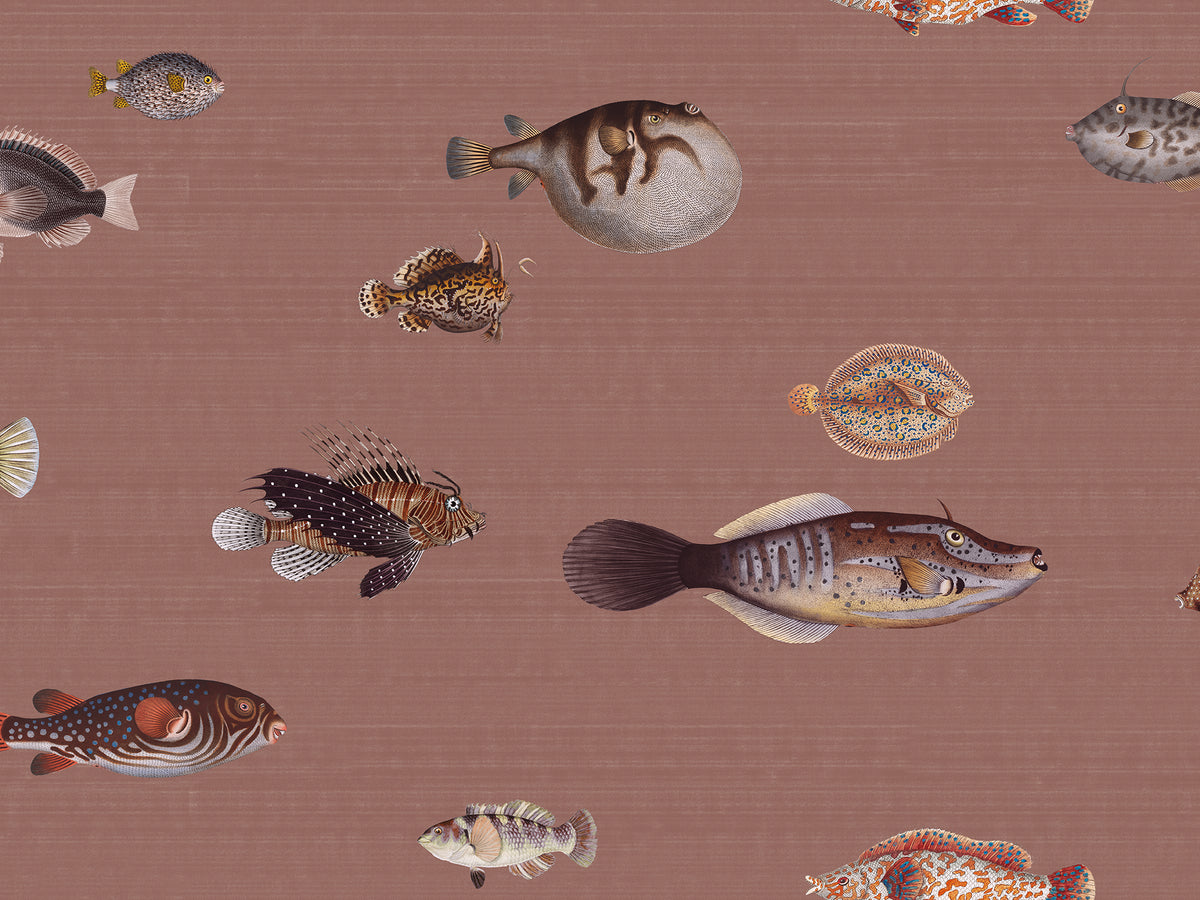 Wallpaper pattern with vintage marine life illustrations on a clay colored background. 