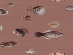 Wallpaper pattern with vintage marine life illustrations on a clay colored background. 