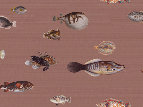 Wallpaper pattern with vintage marine life illustrations on a clay colored background. 