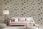 Modern living room with a grey sofa, floor lamp, and a wallpaper with a greige background featuring a pattern of vintage marine life illustrations. 