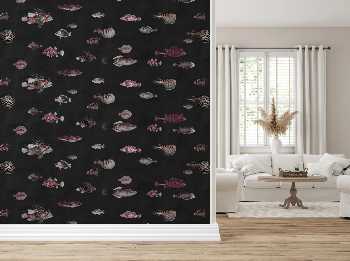 Modern home, a hallway with a wallpaper with a black background featuring a pattern of vintage marine life illustrations, and at the back there's a living room with white decor. 