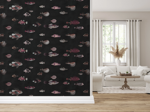 Modern home, a hallway with a wallpaper with a black background featuring a pattern of vintage marine life illustrations, and at the back there's a living room with white decor. 