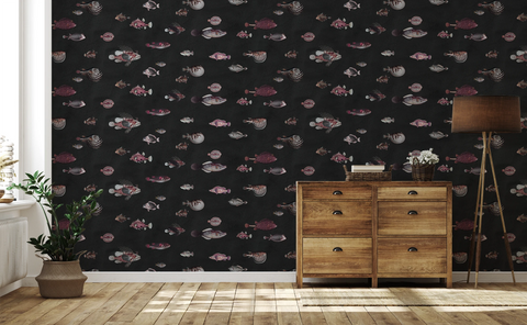 Hallway with wooden cabinet, a floor lamp, and a wallpaper with a black background featuring a pattern of vintage marine life illustrations. 