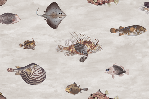 A repeating pattern of various sea fish and a ray on a light beige, textured background. The fish are illustrated in muted brown, gray, black, and white tones.
