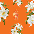 Hermes orange wallpaper with a pattern of white lilies and orange tigers. 