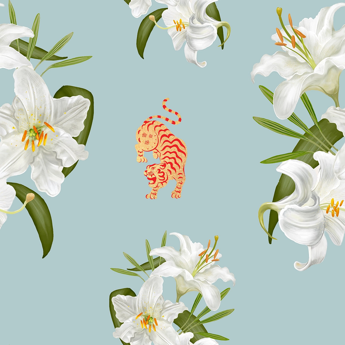 A repeating decorative pattern in Tiffany blue color, featuring white lilies with green leaves and stems, with a small orange-and-red striped tiger motif near the center.