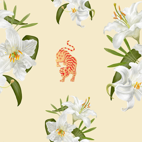 A repeating decorative pattern featuring white lilies with green leaves and orange-yellow centers, surrounding a central red-orange tiger illustration on a pale beige background.