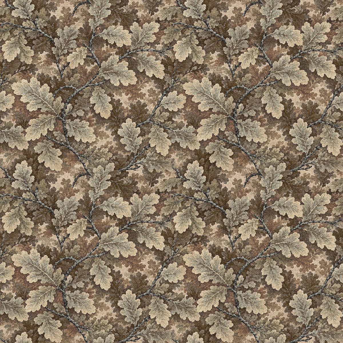 A tapestry wallpaper in an oak leaf pattern. 