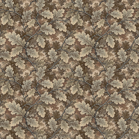 A tapestry wallpaper in an oak leaf pattern. 
