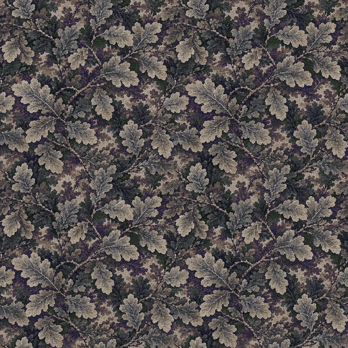 A tapestry wallpaper featuring a dark oak leaf pattern. 